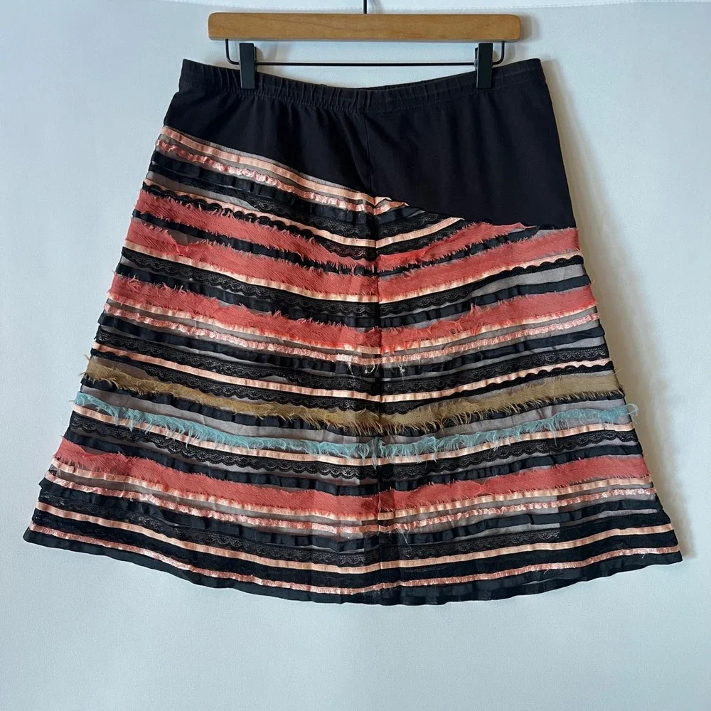 Vintage Boho Striped Tiered Pleat A-Line Midi Skirt Black Multi Color Waist 33